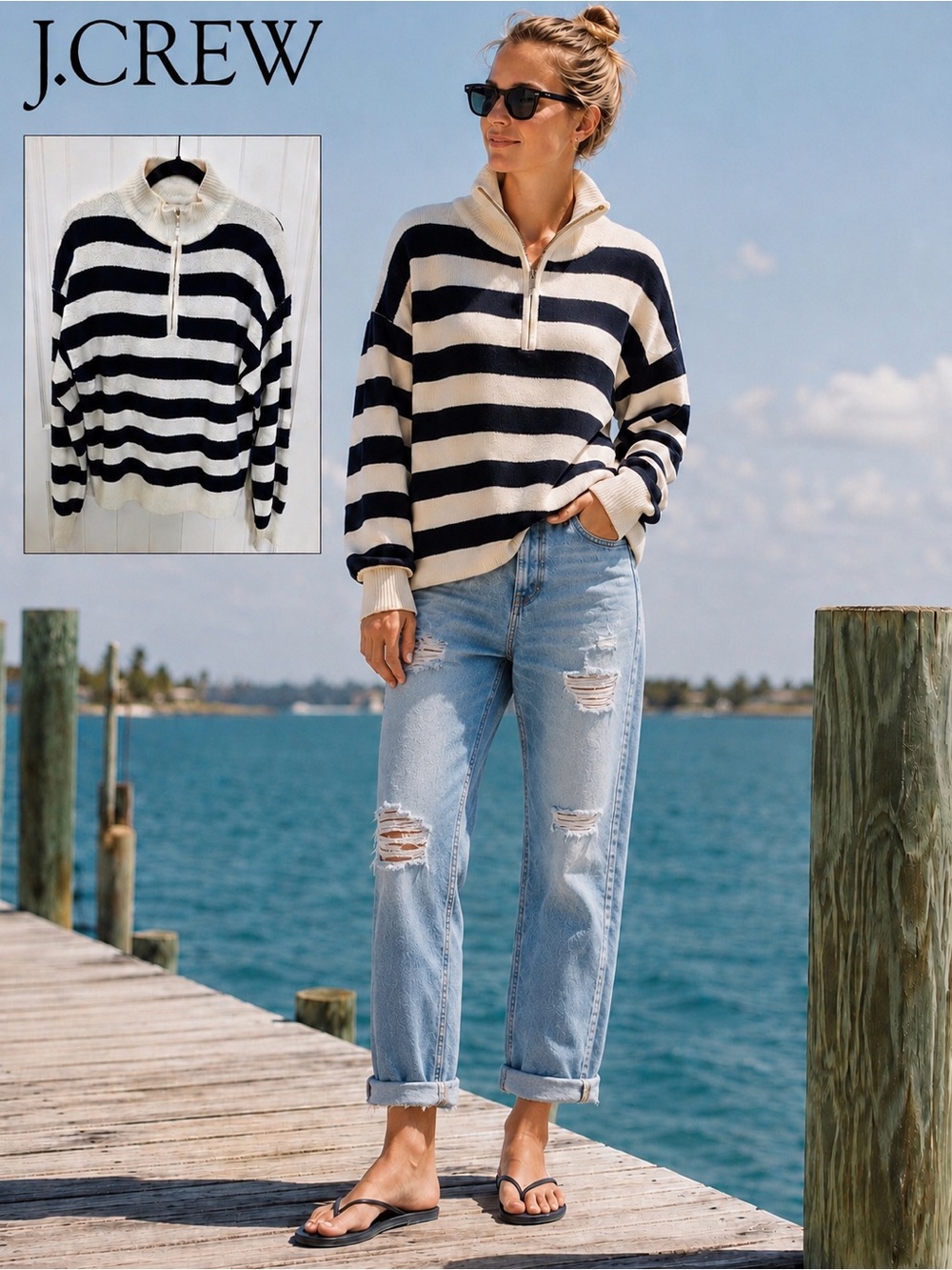 J.Crew Factory Striped Half-Zip Sweater with Pearl Zipper